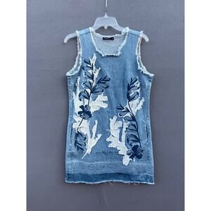 Anthropologie Dor Dor Couture Size M Denim Dress Floral Fray Coastal Resort Boho